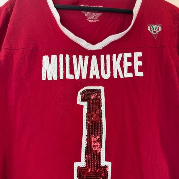 MILWAUKEE BUCKS Red Sequin Jersey T-Shirt - Picture 2 of 4